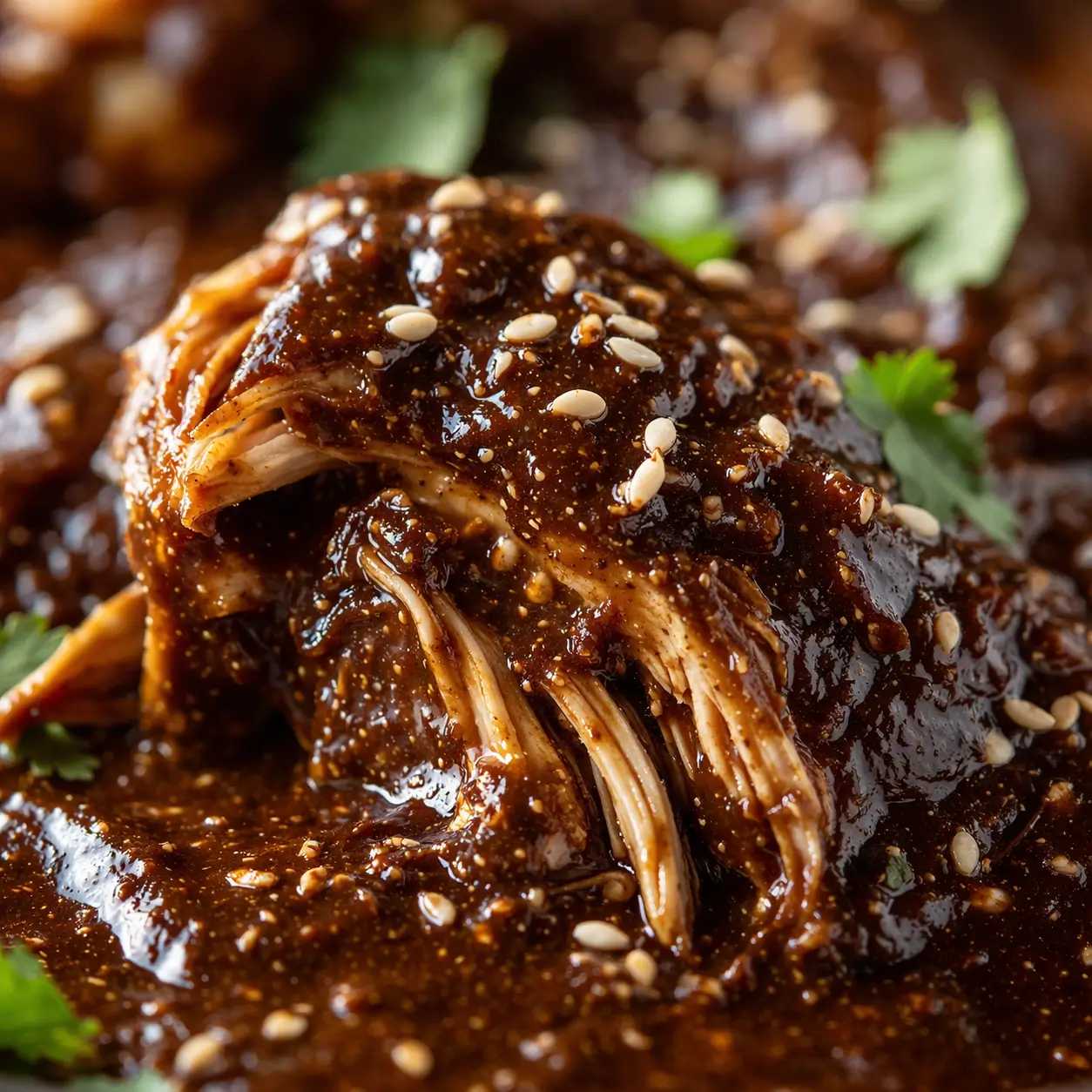 Plated slow cooker chicken mole over white rice with lime and cilantro