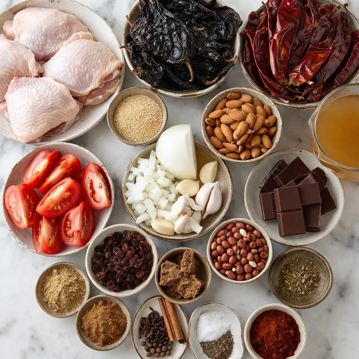 All ingredients for slow cooker chicken mole laid out on a wooden surface