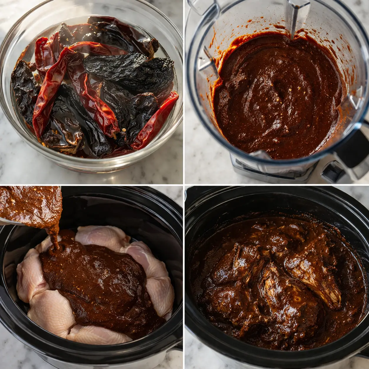Step-by-step process shots for making slow cooker chicken mole