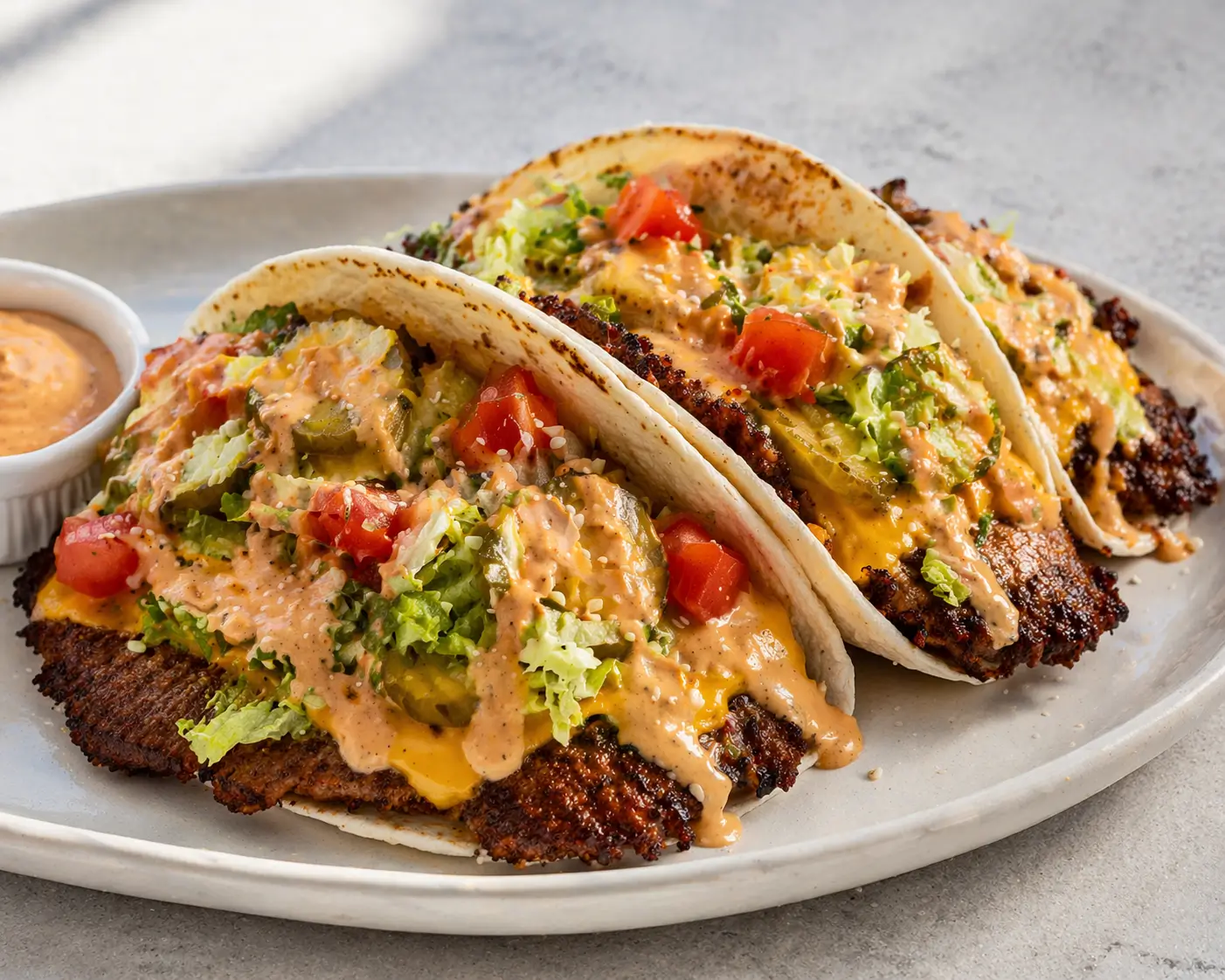 Smash burger tacos served on a white ceramic plate with burger sauce dripping down the sides