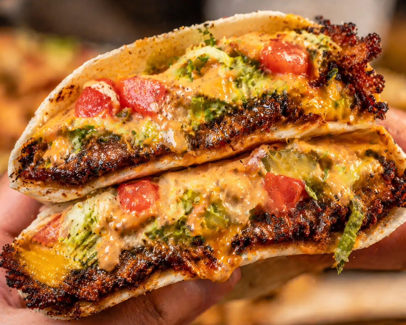 Close-up macro shot of a smash burger taco cut in half showing the crispy beef crust, melted American cheese, fresh lettuce and burger sauce inside a flour tortilla