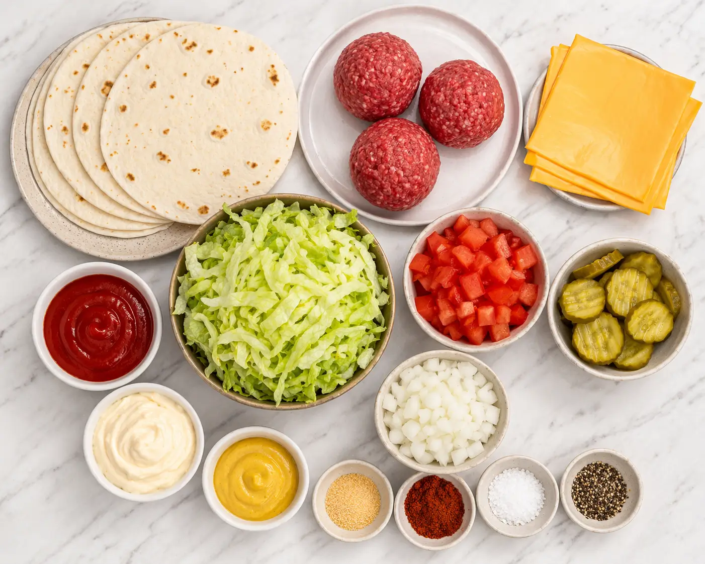 All smash burger taco ingredients laid out on a marble surface including ground beef, flour tortillas, American cheese, lettuce, tomato and burger sauce ingredients