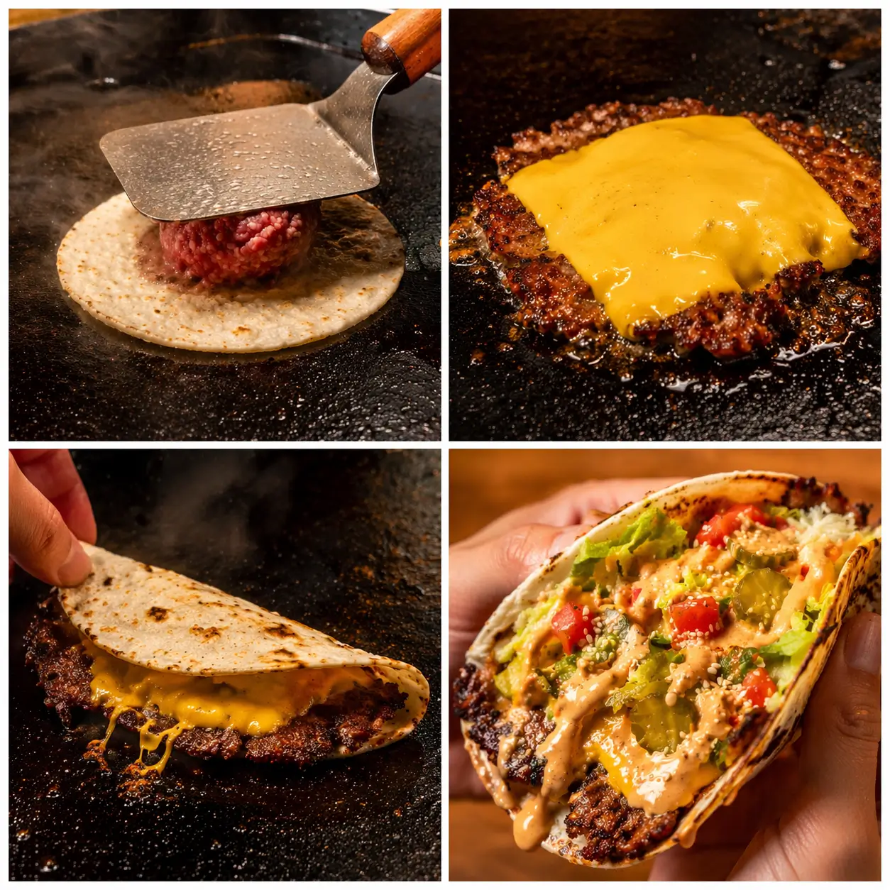 Four-step collage showing the process of making smash burger tacos — smashing beef onto tortilla, searing, adding cheese, and folding the finished taco