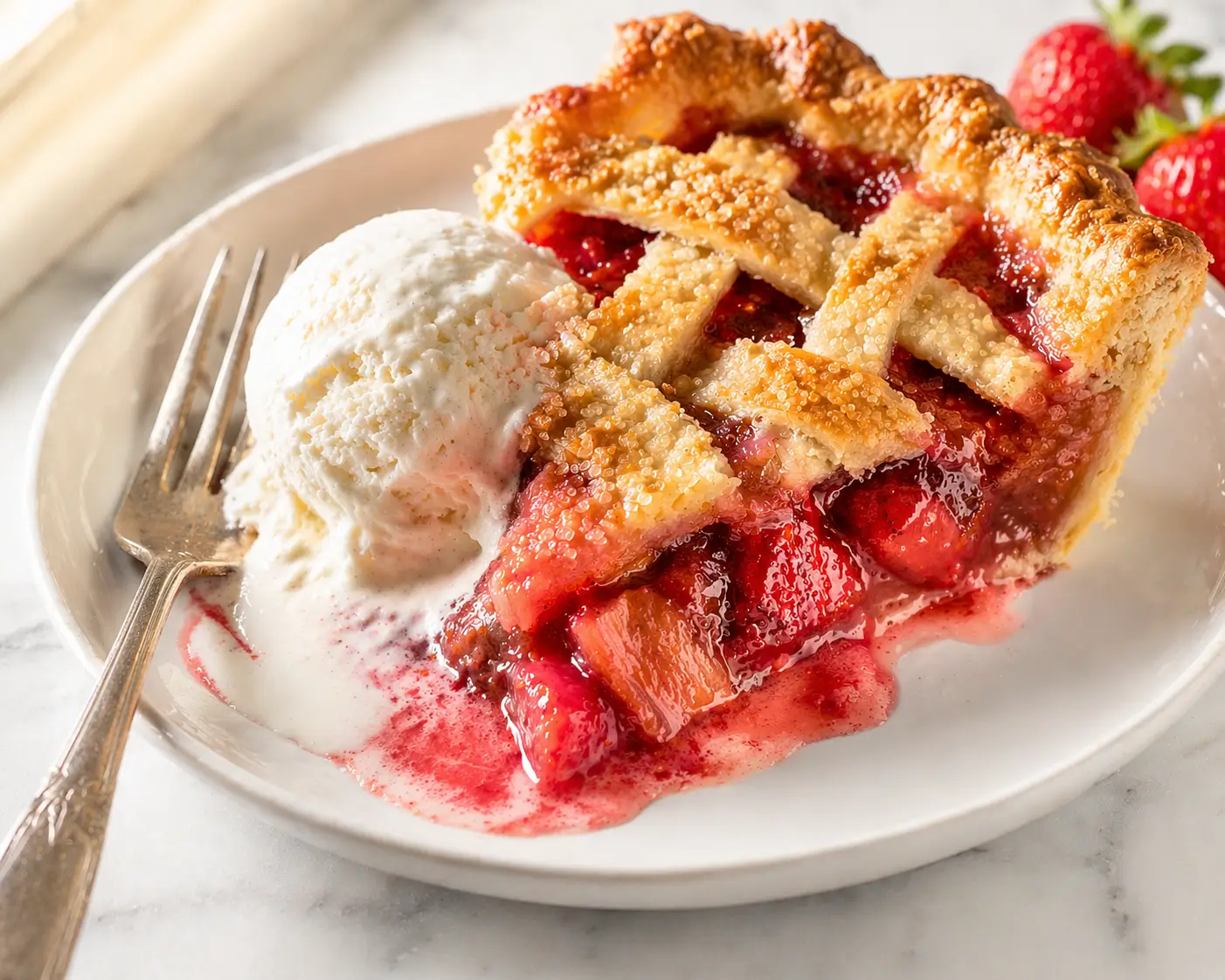 A generous slice of strawberry rhubarb pie on a white ceramic plate with vanilla ice cream melting over the top and the golden lattice crust visible