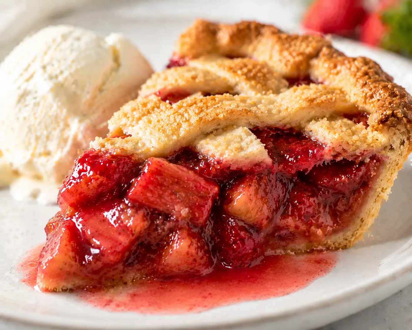 Close-up of a strawberry rhubarb pie slice on a white ceramic plate showing the thick glossy deep pink filling with visible fruit pieces and the golden flaky lattice crust