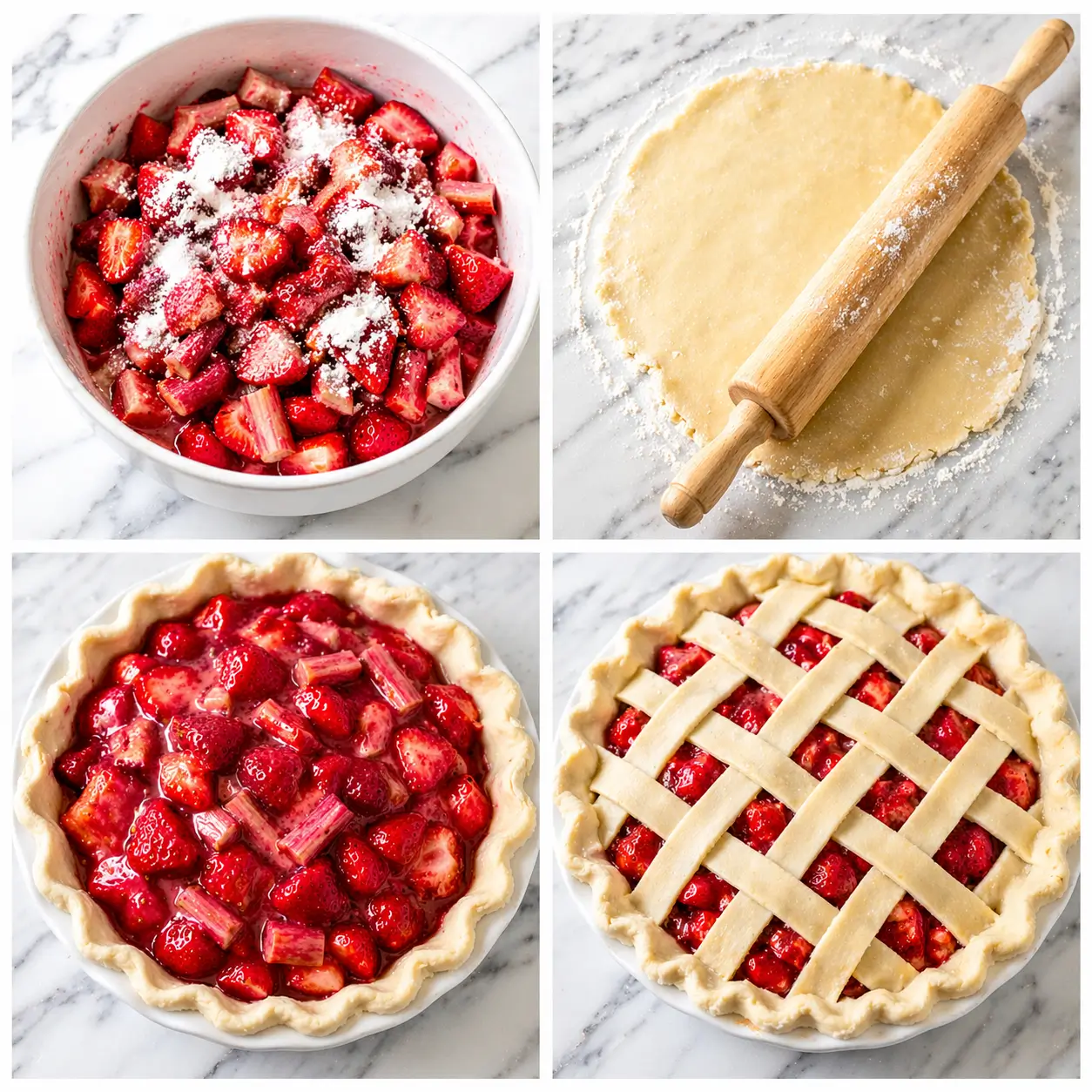 Four step collage showing strawberries and rhubarb tossed with sugar in white bowl pie dough being rolled on marble muffin tin filled with vibrant pink filling and lattice strips being woven over the pie