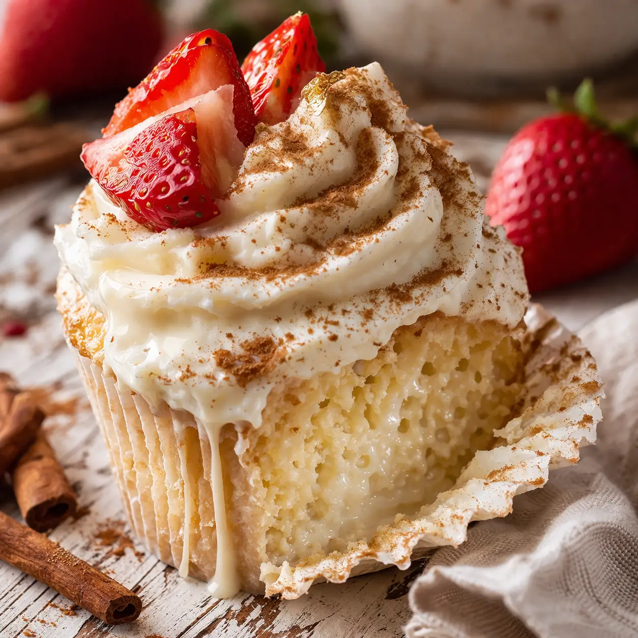 Six Tres Leches Cupcakes styled on a rustic wood surface with condensed milk drizzle, fresh strawberries and cinnamon