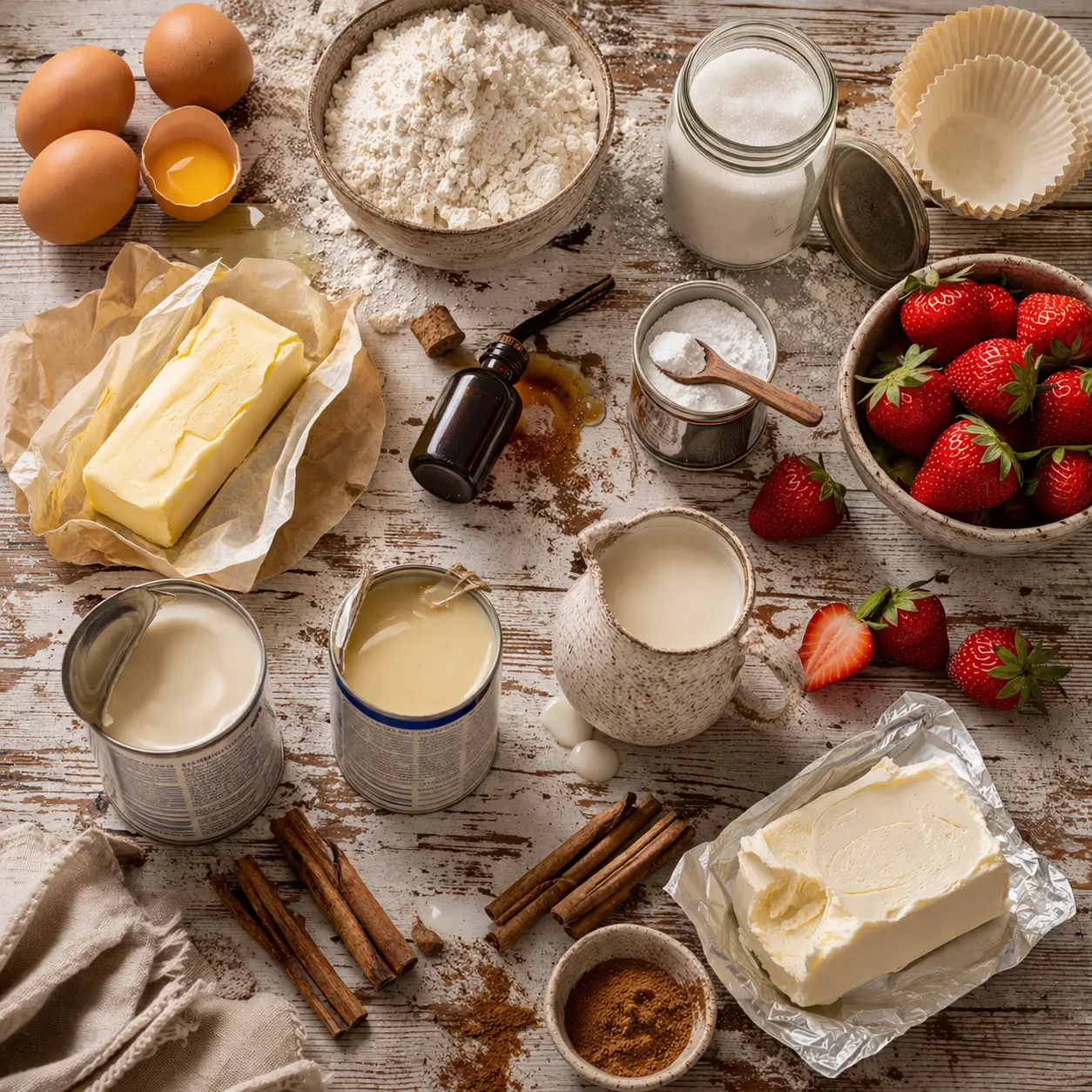 Tres Leches Cupcakes ingredients organized in three groups — batter, milk soak, and frosting — on a rustic white wood surface