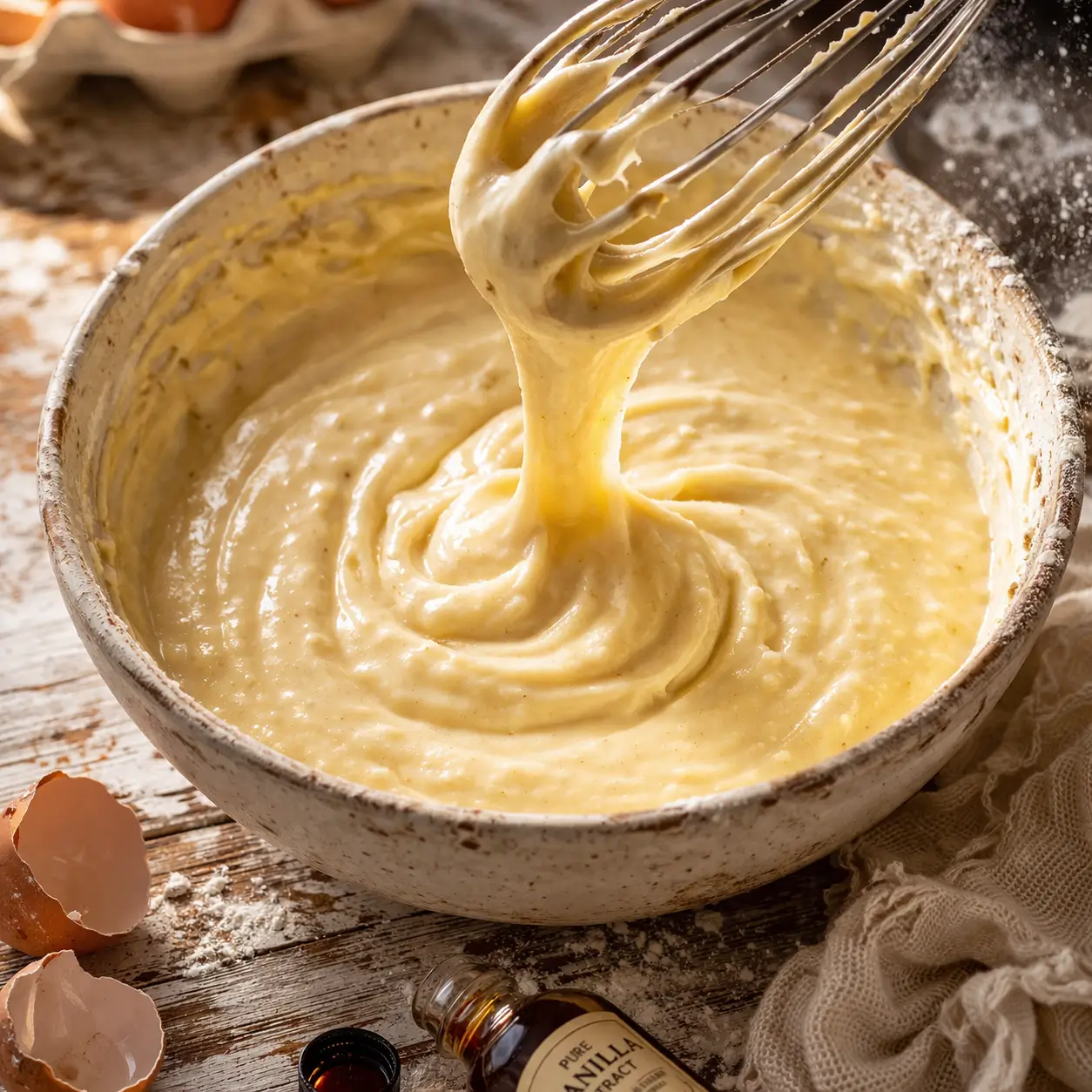 Tres Leches cupcake batter being whisked in a rustic ceramic bowl, batter ribbon falling from whisk
