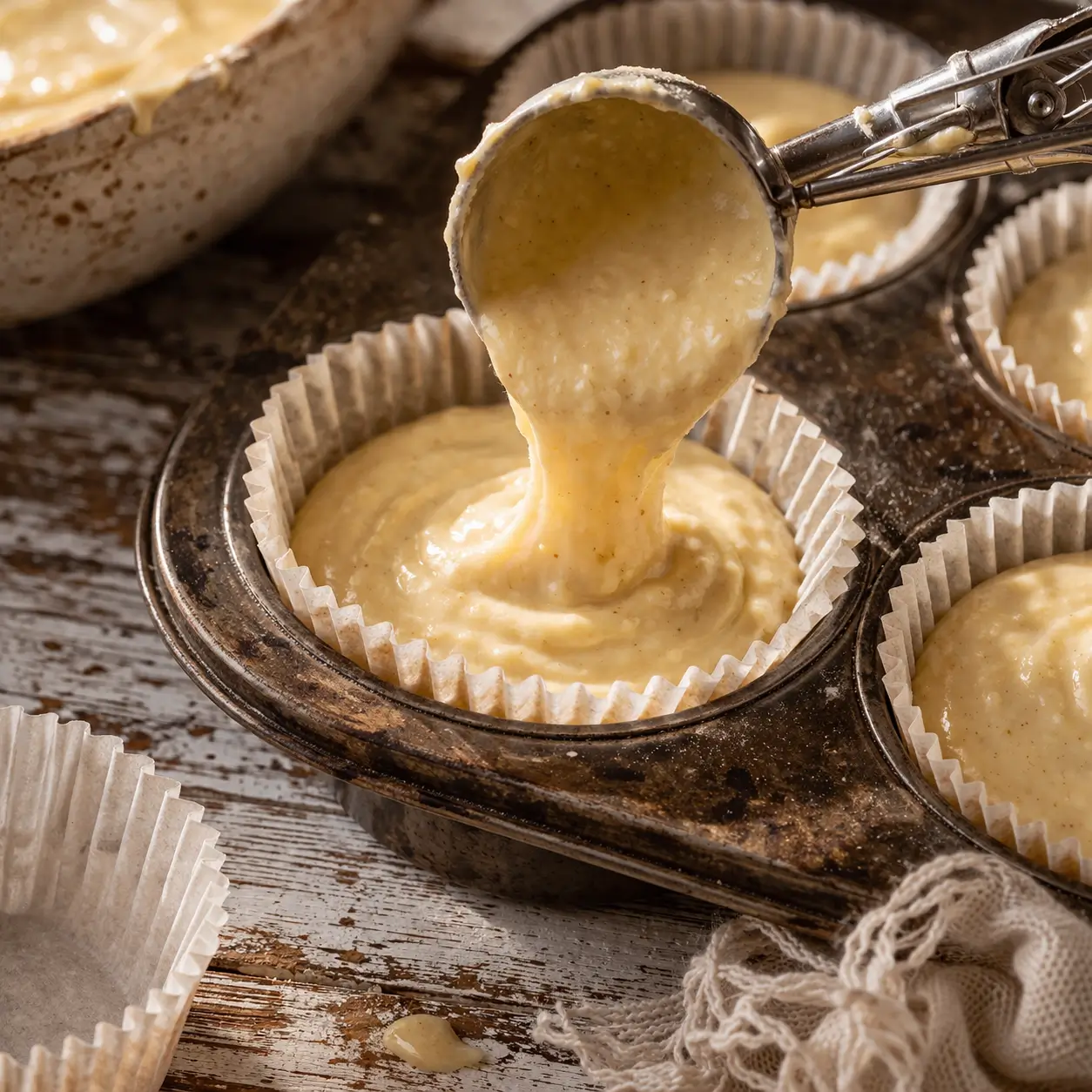 Cupcake batter being poured into parchment liners in a muffin tin on a rustic wood surface