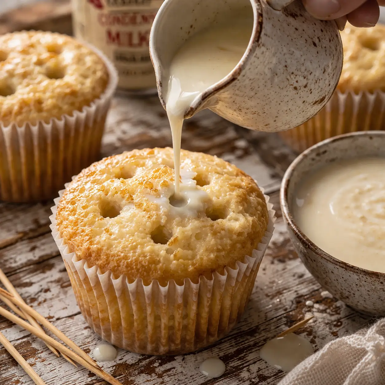 Tres leches milk mixture being poured into skewer-punctured cupcakes, milk visibly soaking into the sponge