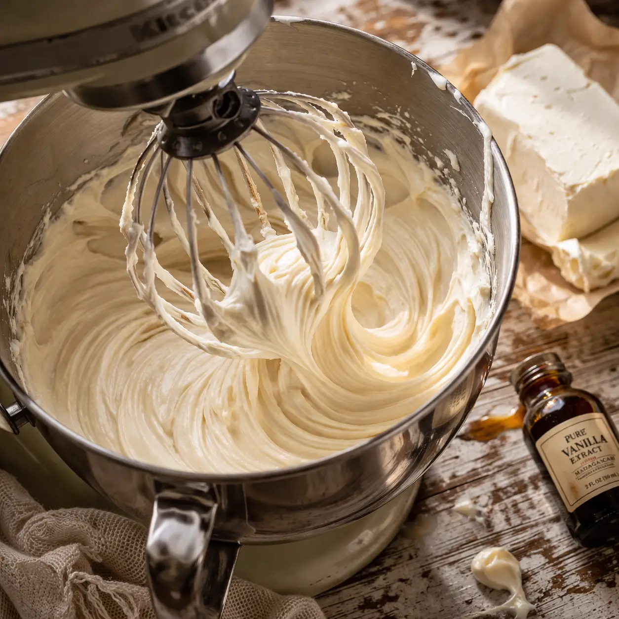 Whipped cream cheese frosting swirling in a stand mixer bowl, glossy soft peaks visible