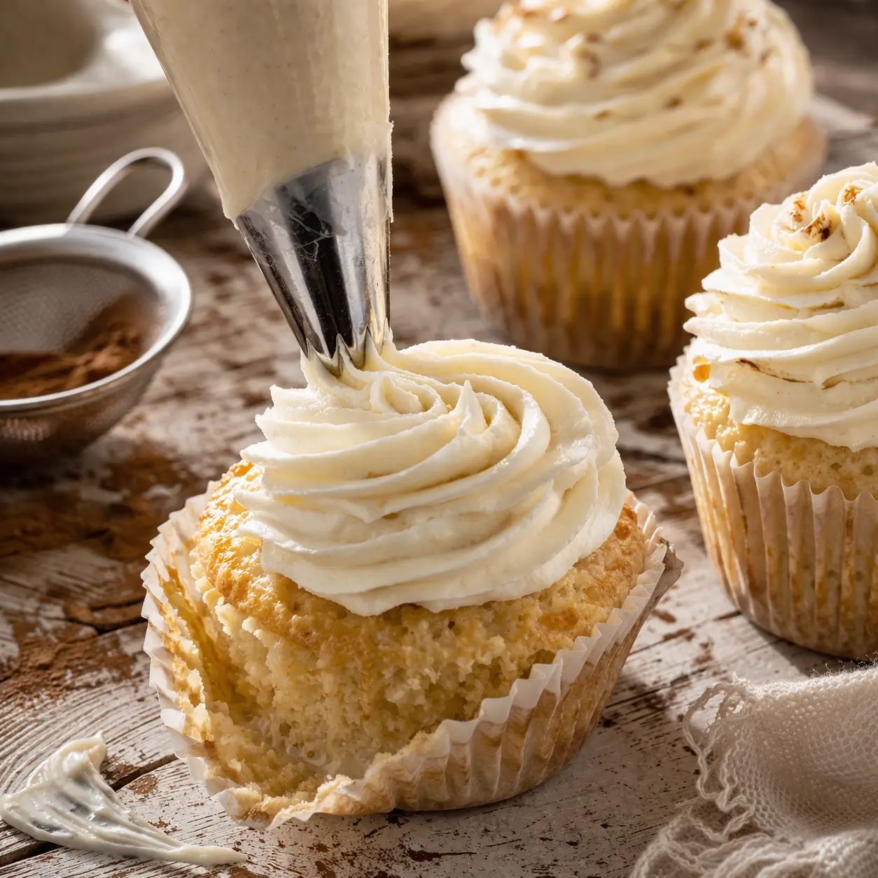 Whipped cream cheese frosting being piped in an artisan rosette onto a soaked tres leches cupcake