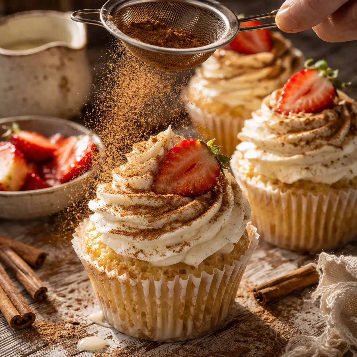 Ground cinnamon being dusted over freshly frosted tres leches cupcakes with fresh strawberry garnish