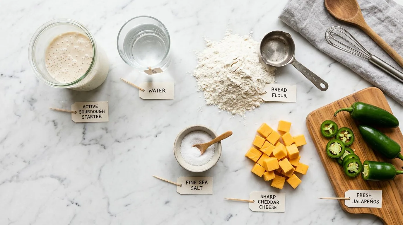 All Cheddar Jalapeño Sourdough ingredients laid out on white marble surface