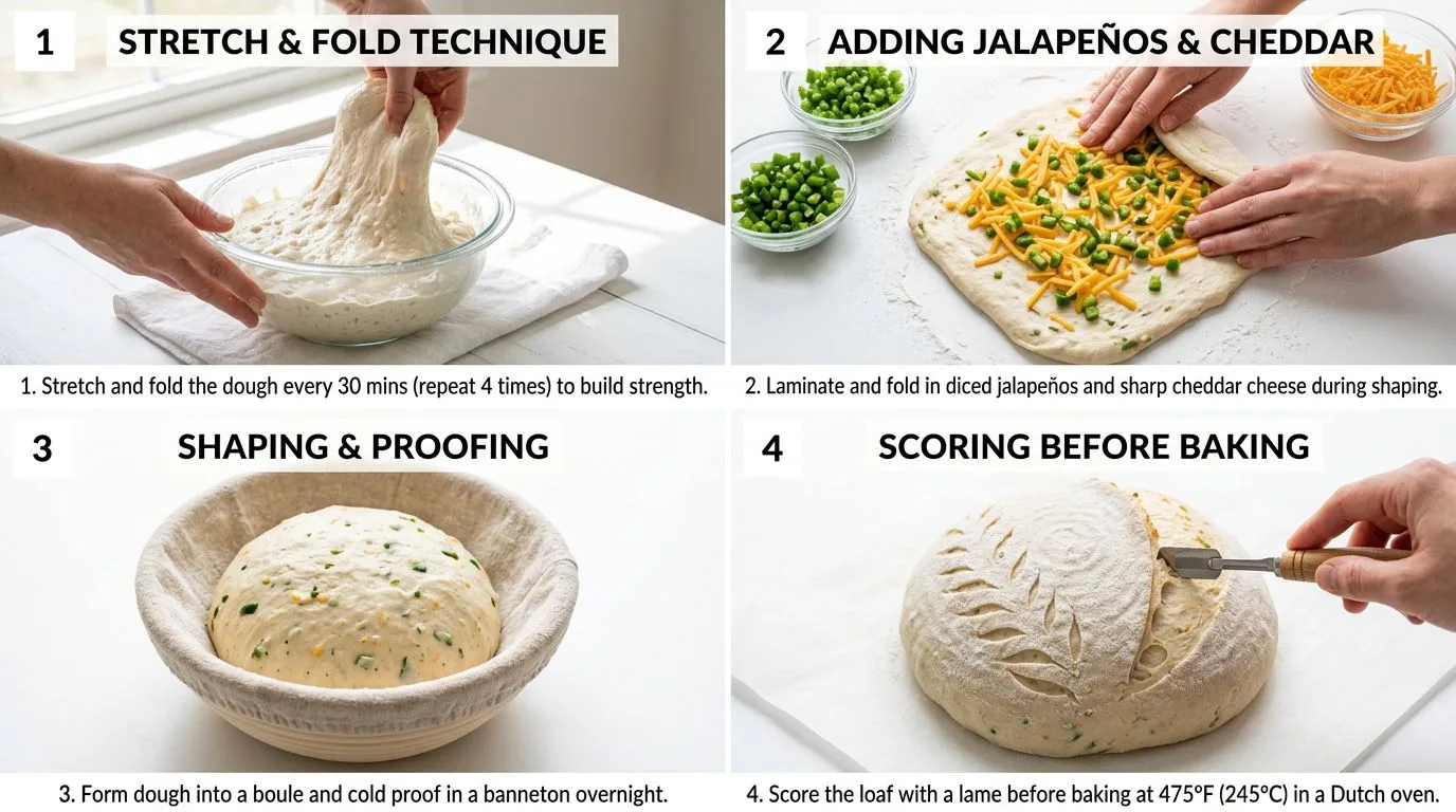 Step by step process of making Cheddar Jalapeño Sourdough