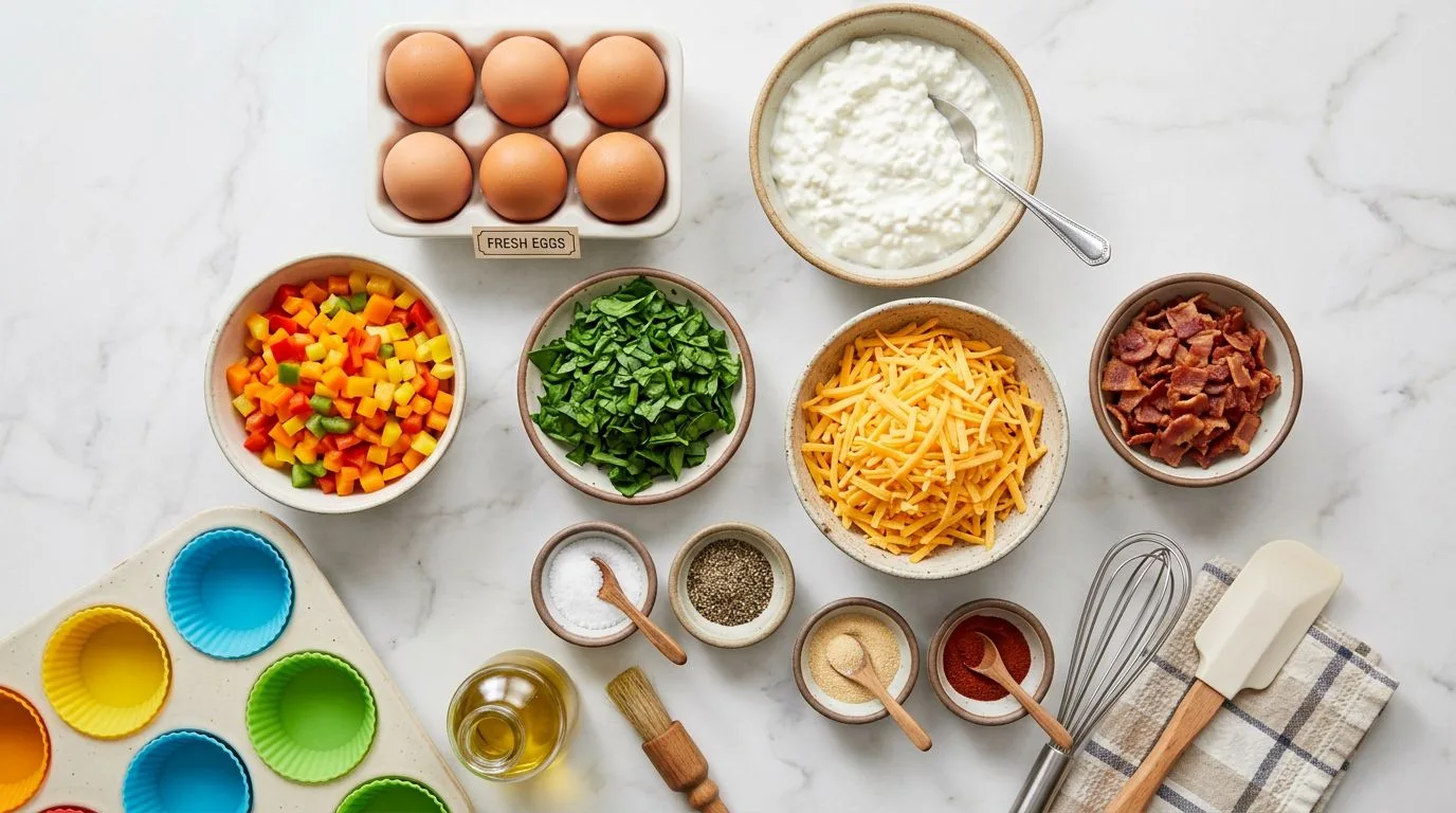 All Cottage Cheese Egg Bites ingredients laid out on white marble surface