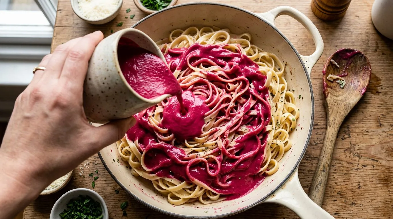 Creamy Beetroot Pasta served and ready to eat