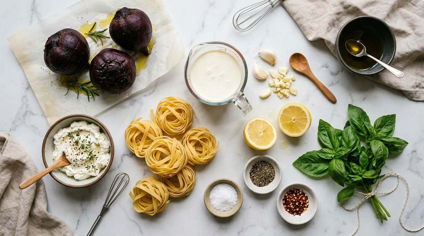 All Creamy Beetroot Pasta ingredients laid out on white marble surface