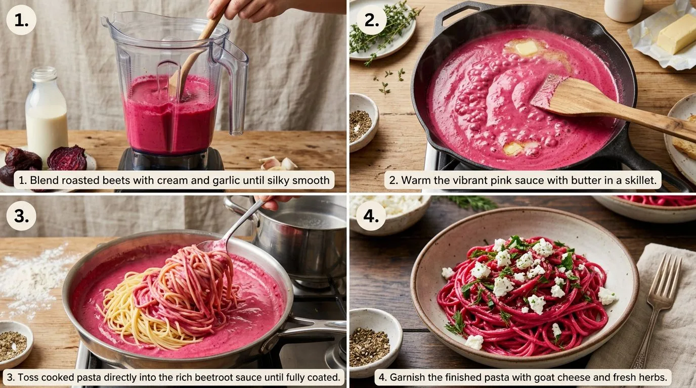 Step by step process of making Creamy Beetroot Pasta