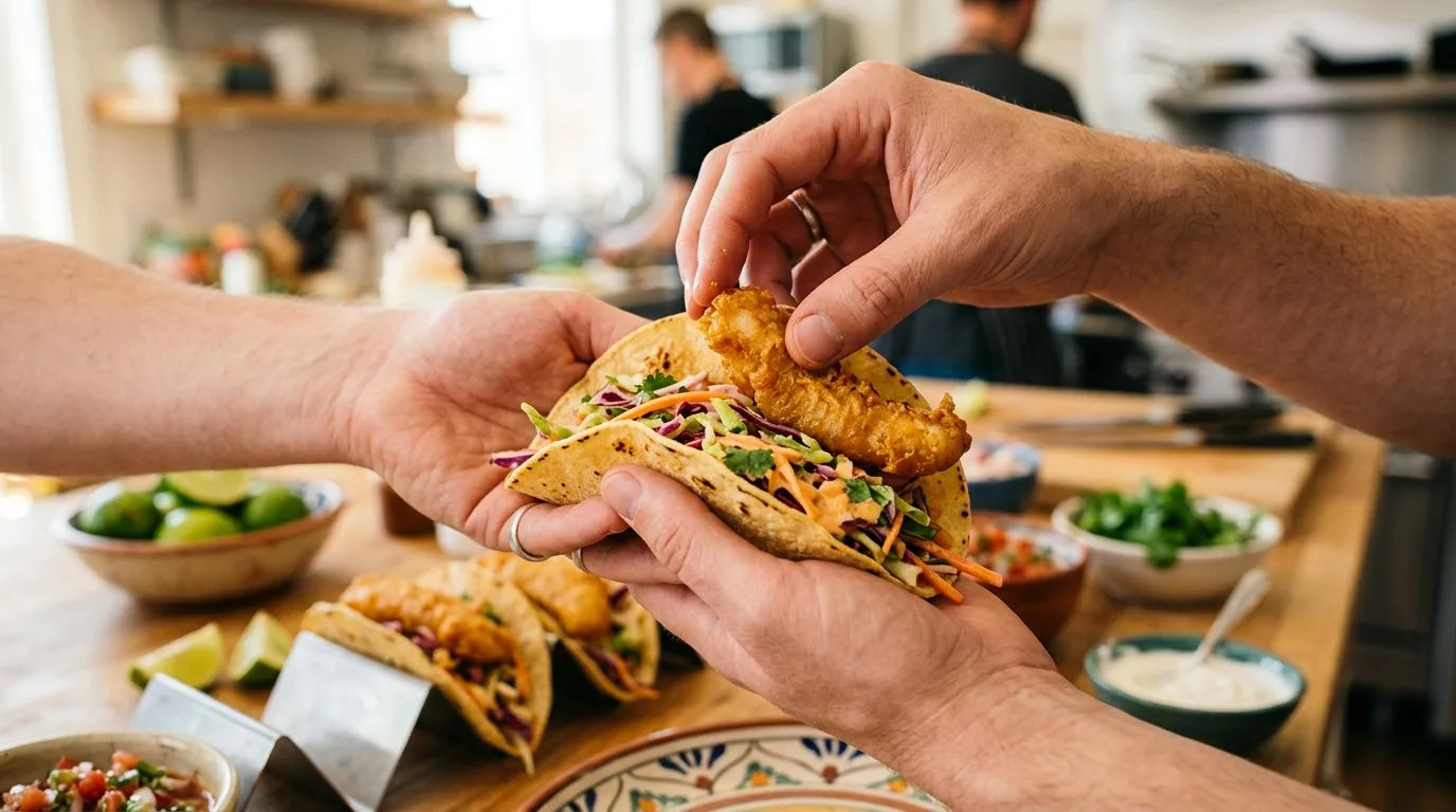 Crispy Air Fryer Fish Tacos with Chipotle Slaw served and ready to eat