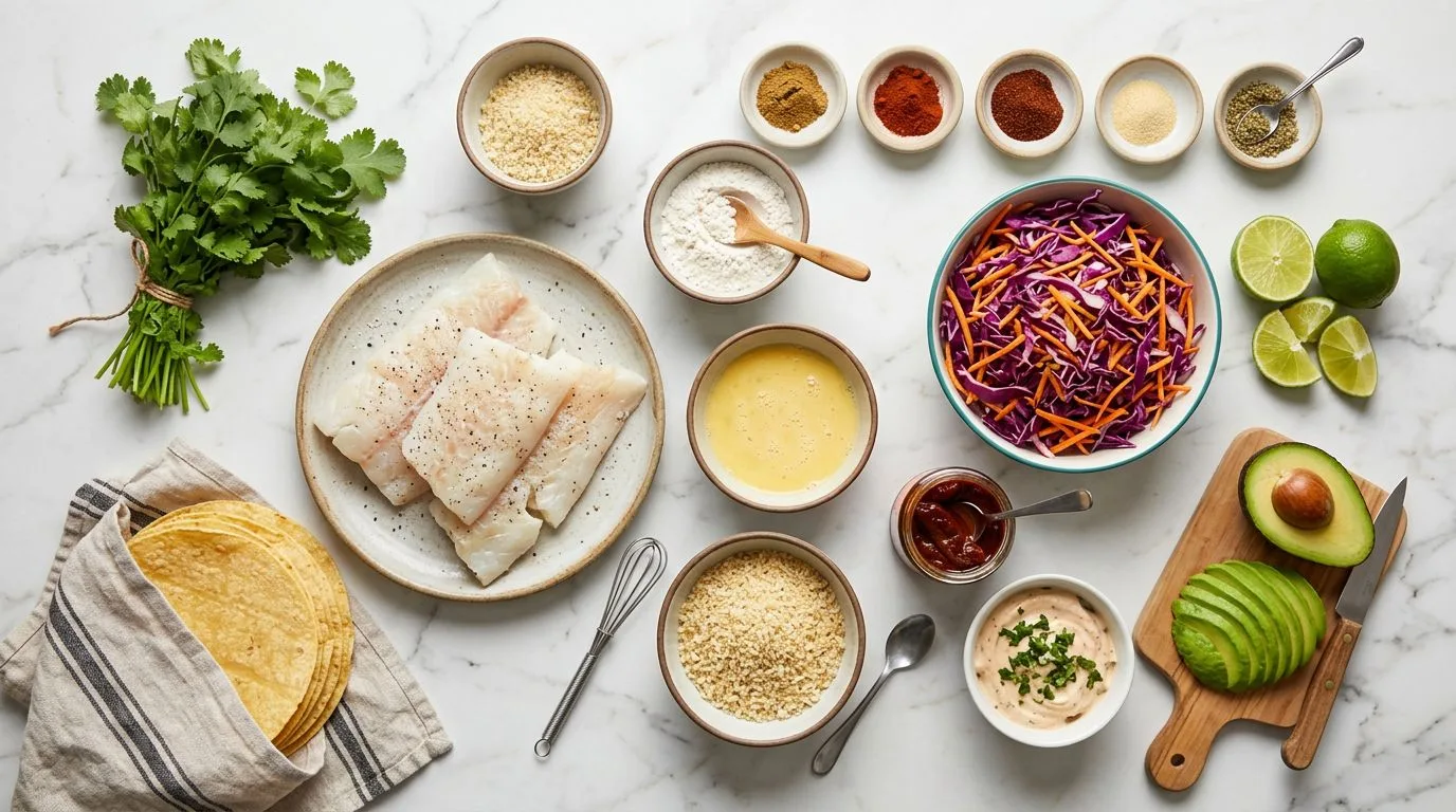 All Crispy Air Fryer Fish Tacos with Chipotle Slaw ingredients laid out on white marble surface