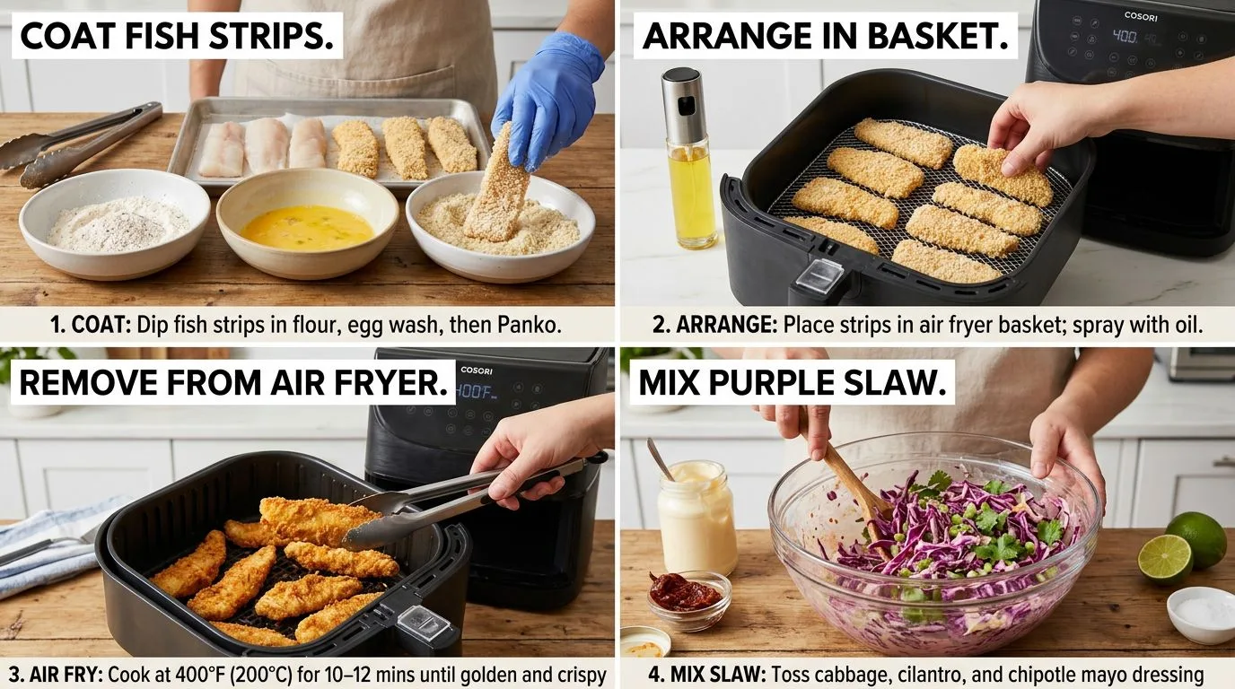 Step by step process of making Crispy Air Fryer Fish Tacos with Chipotle Slaw