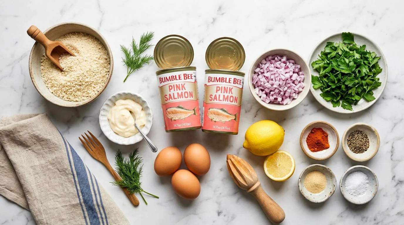 All Crispy Canned Salmon Cakes ingredients laid out on white marble surface