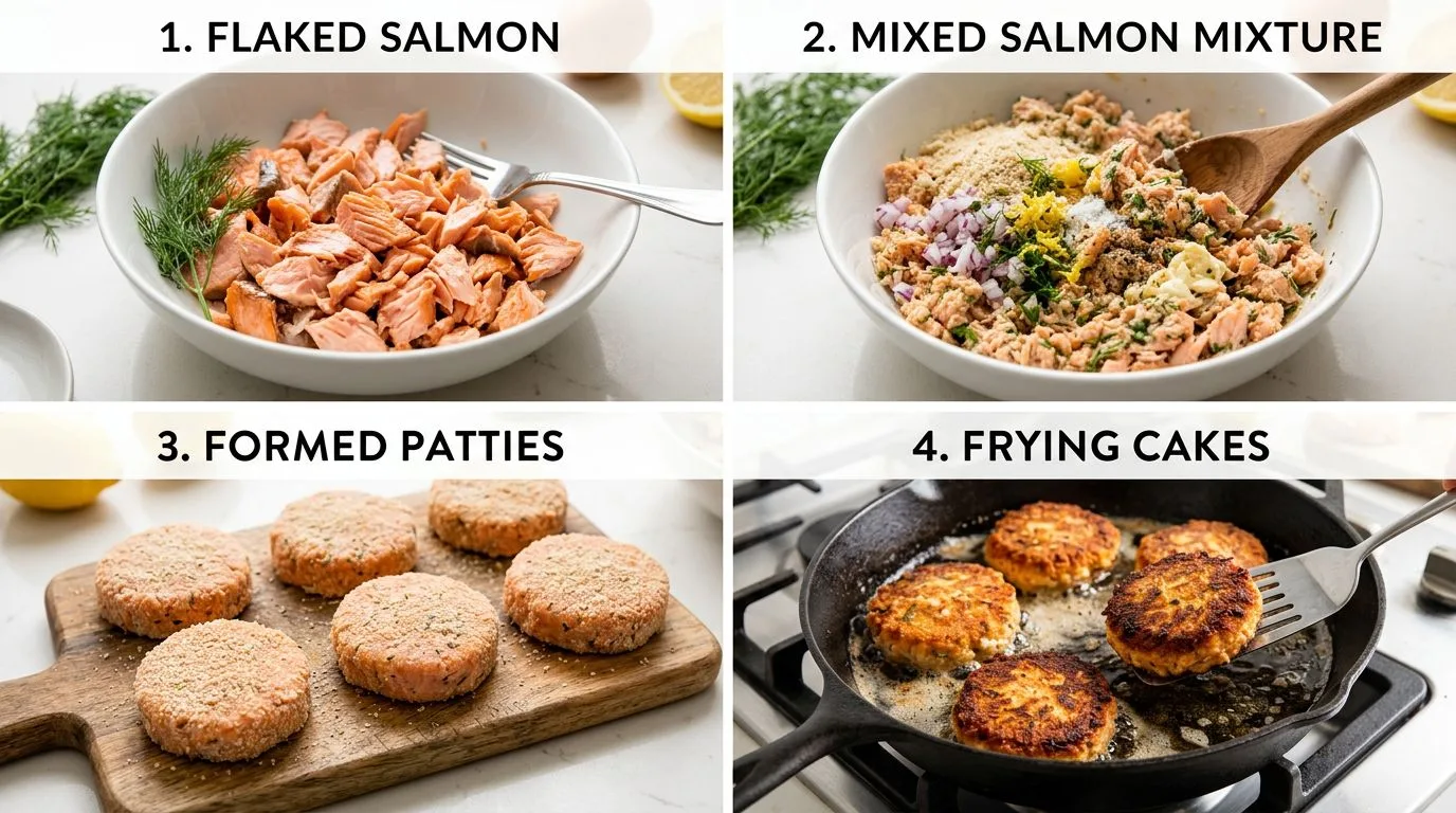 Step by step process of making Crispy Canned Salmon Cakes