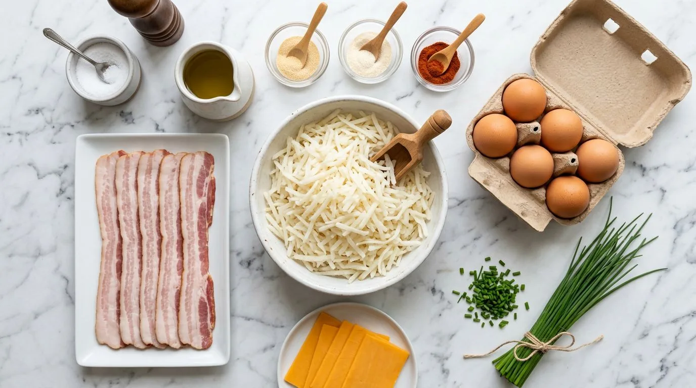 All Crispy Potato Bacon, Egg & Cheese ingredients laid out on white marble surface