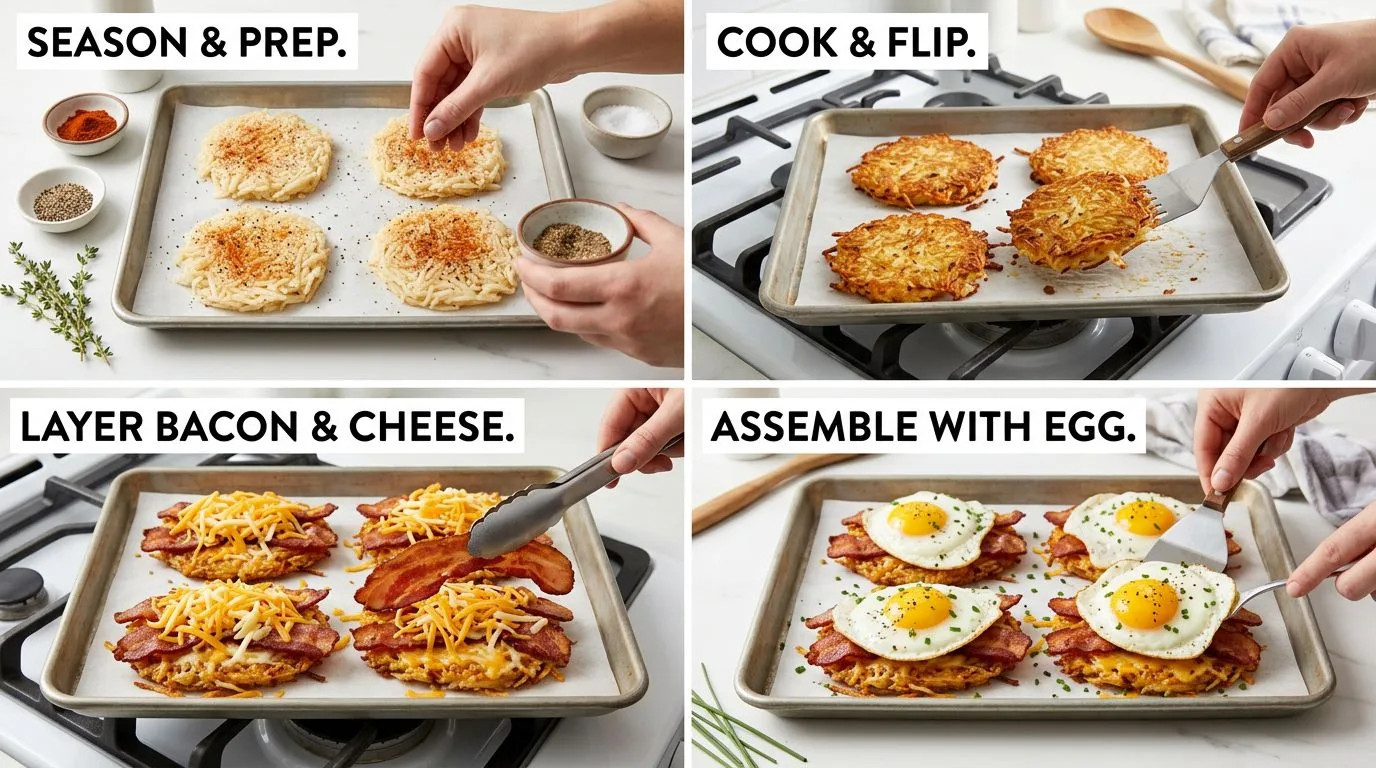 Step by step process of making Crispy Potato Bacon, Egg & Cheese