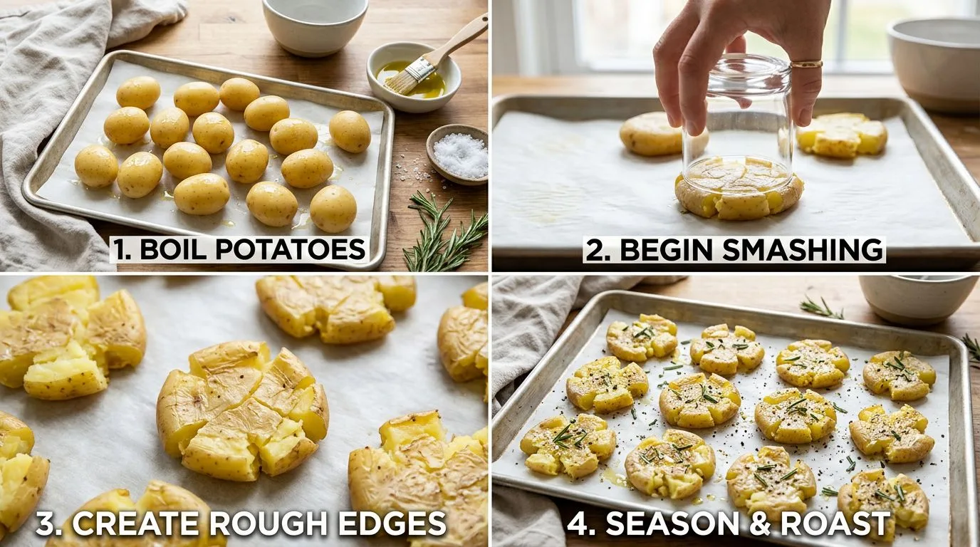 Crispy smashed potatoes with herb butter served and ready to eat