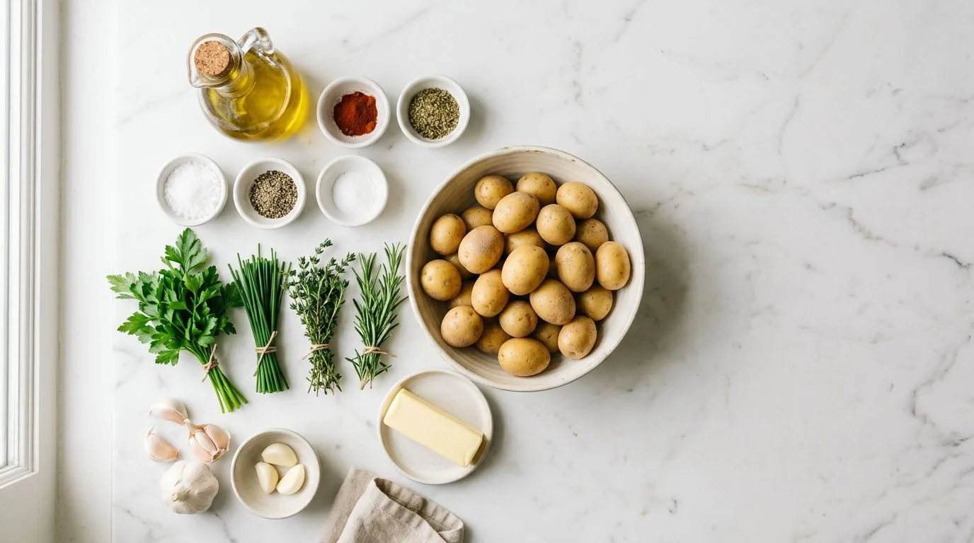 All Crispy smashed potatoes with herb butter ingredients laid out on white marble surface