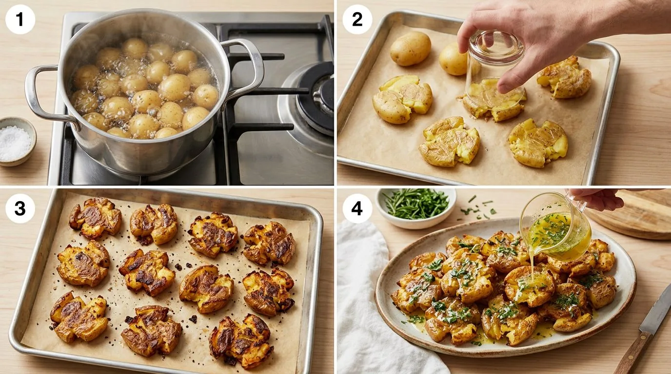Step by step process of making Crispy smashed potatoes with herb butter