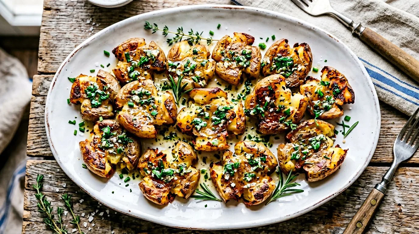 Crispy smashed potatoes with herb butter - featured image