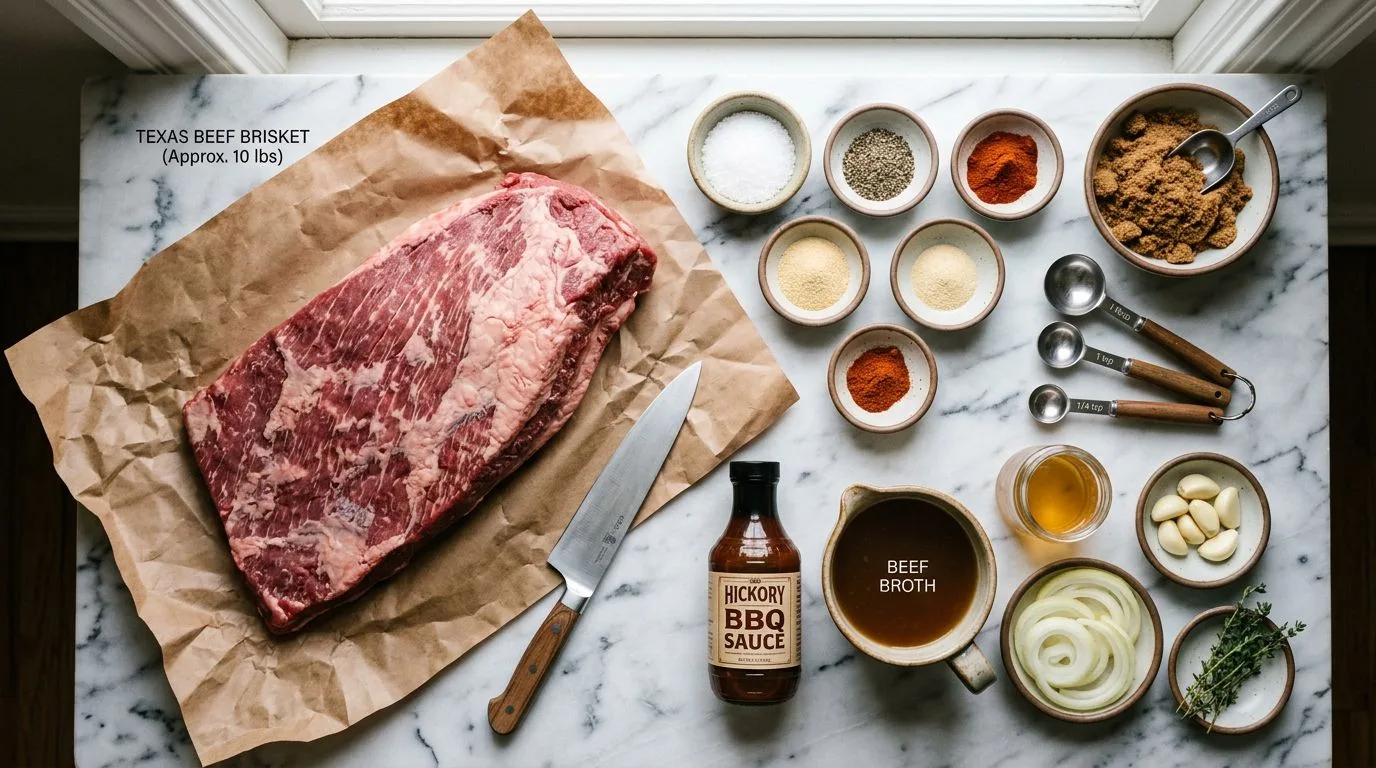 All Crockpot BBQ Beef Brisket ingredients laid out on white marble surface