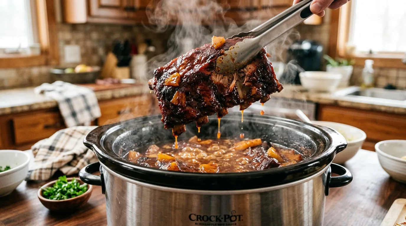 Crockpot Pineapple BBQ Ribs served and ready to eat