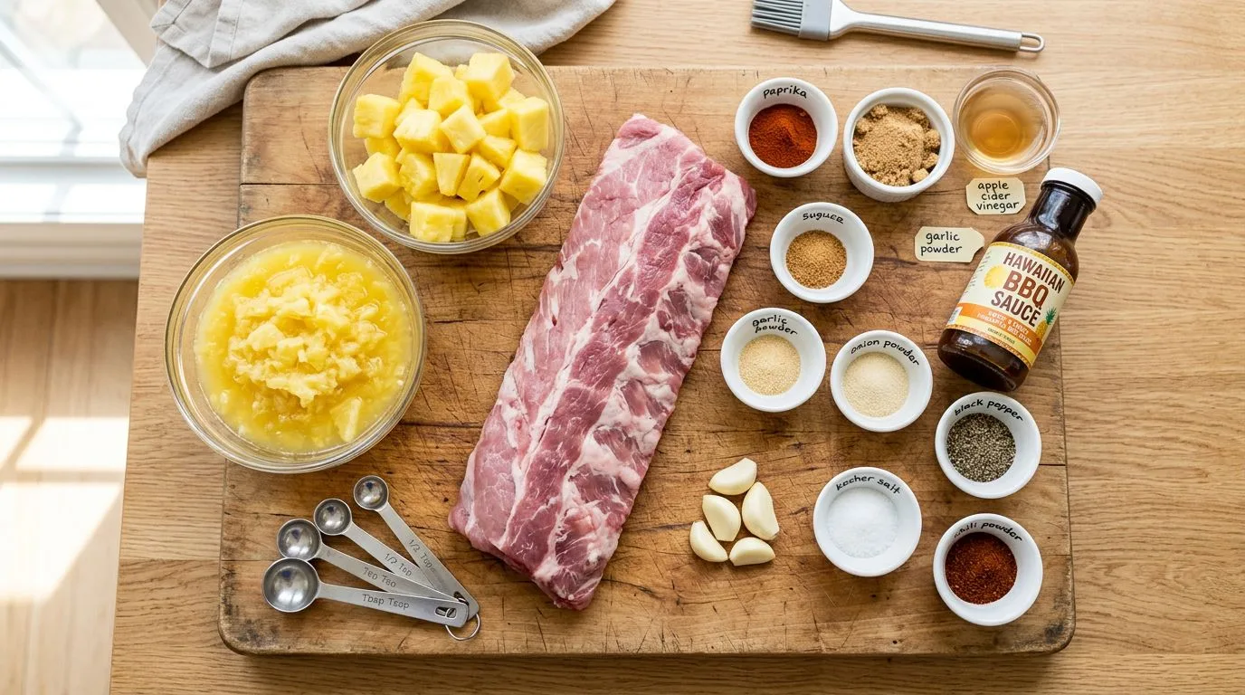 All Crockpot Pineapple BBQ Ribs ingredients laid out on white marble surface