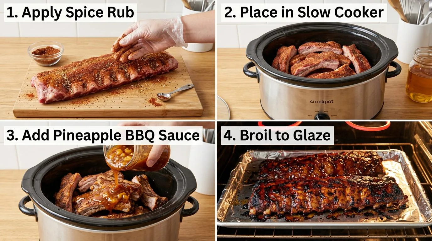 Step by step process of making Crockpot Pineapple BBQ Ribs