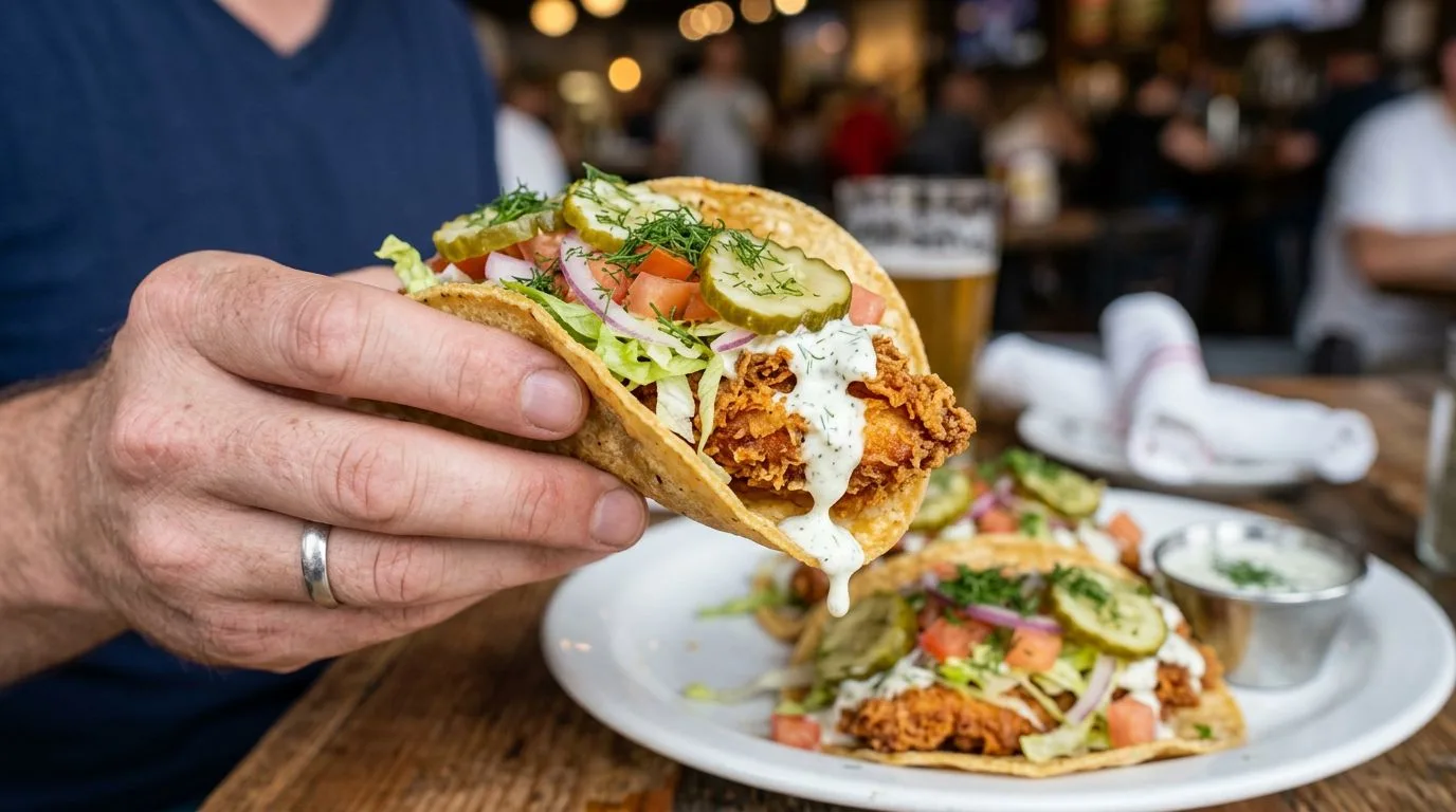 Dill Pickle Ranch Smash Chicken Tacos served and ready to eat