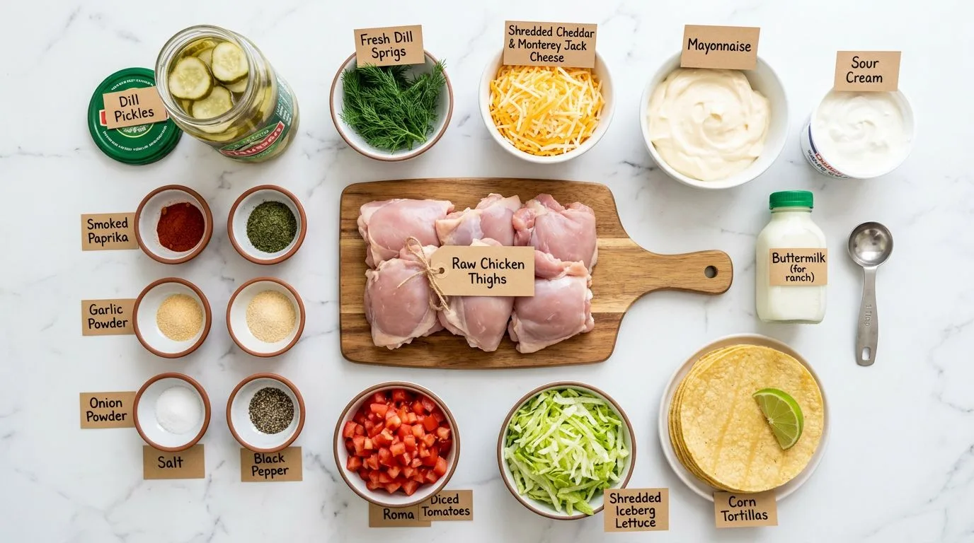 All Dill Pickle Ranch Smash Chicken Tacos ingredients laid out on white marble surface