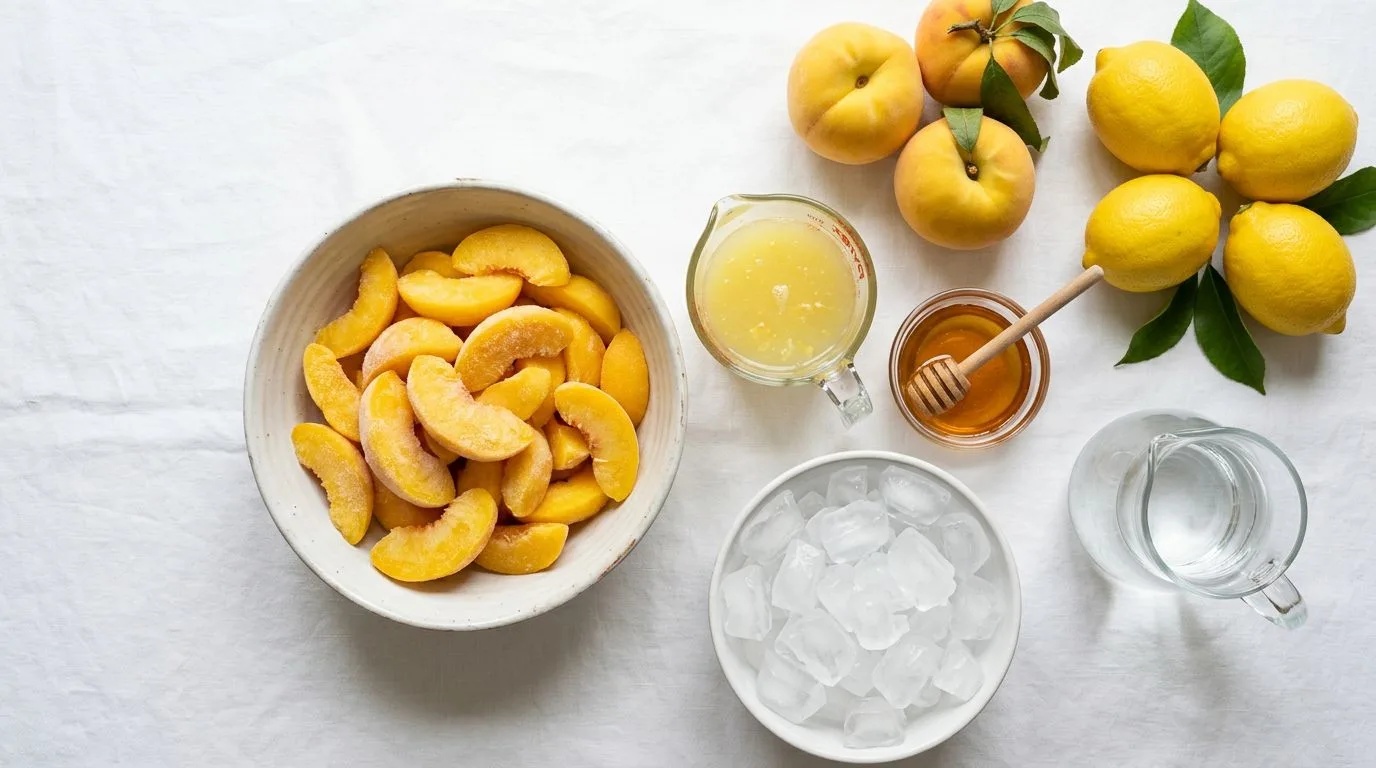 All Frozen Peach Lemonade ingredients laid out on white marble surface