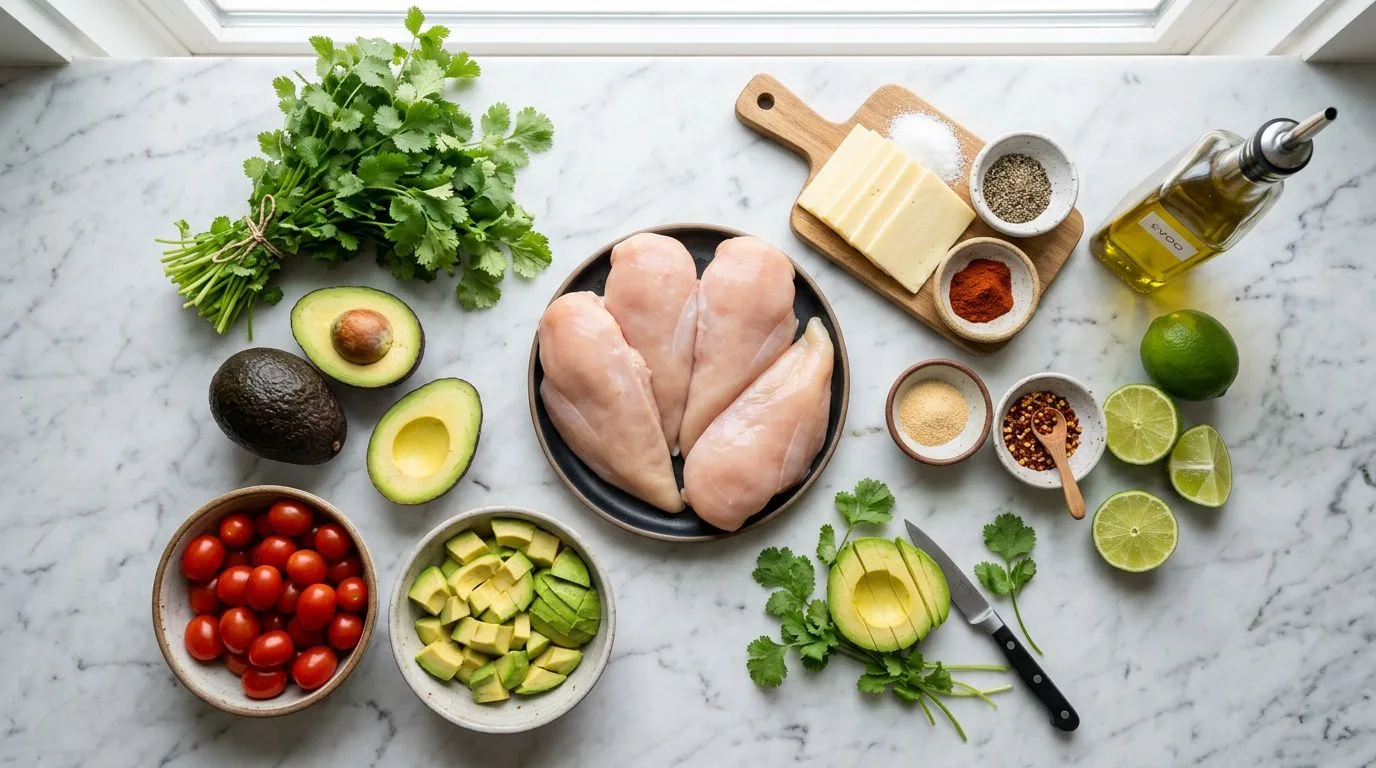 All Grilled California Avocado Chicken ingredients laid out on white marble surface