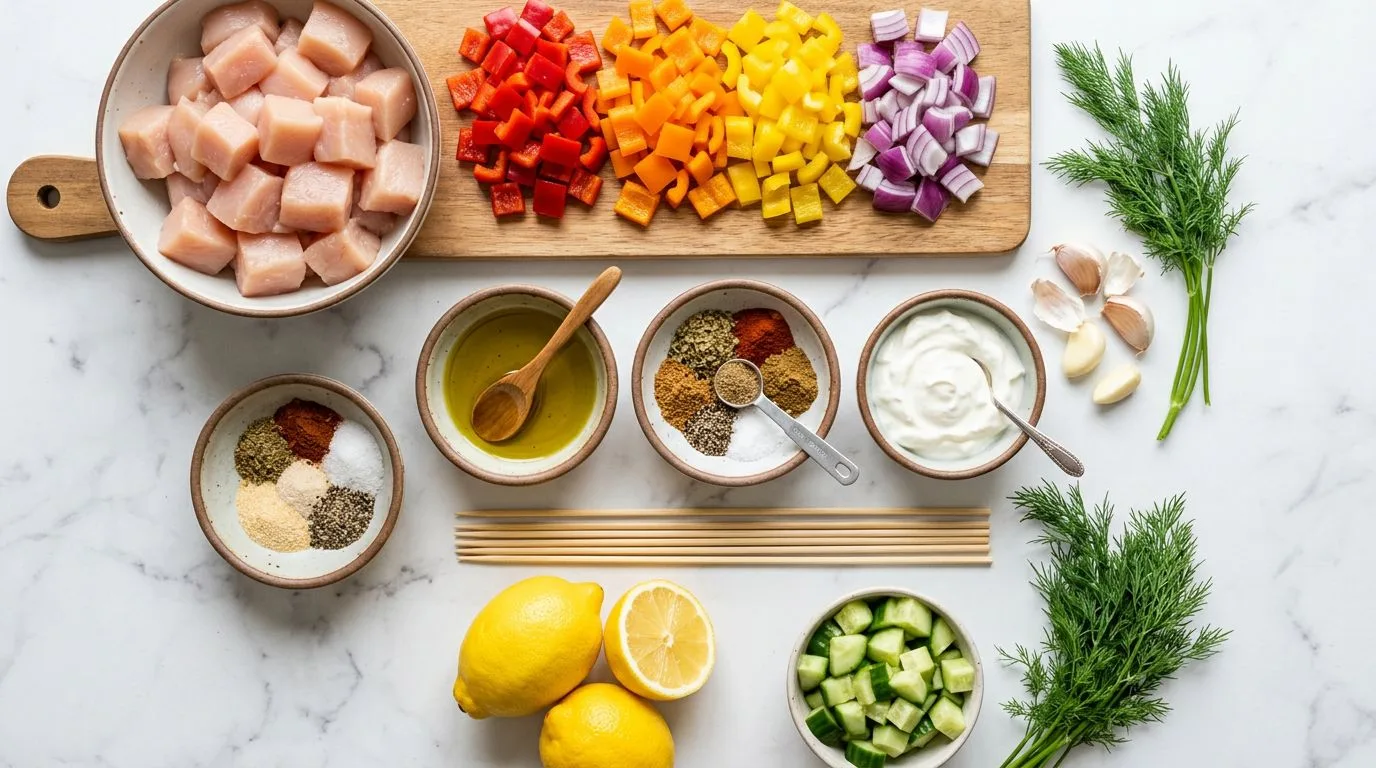 All Grilled Chicken Kabobs with Tzatziki  ingredients laid out on white marble surface