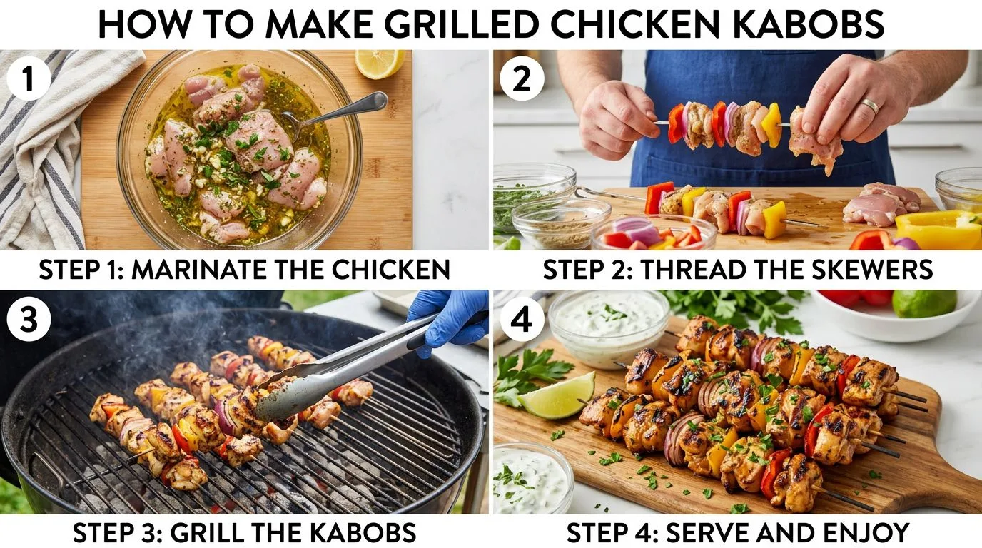 Step by step process of making Grilled Chicken Kabobs with Tzatziki 