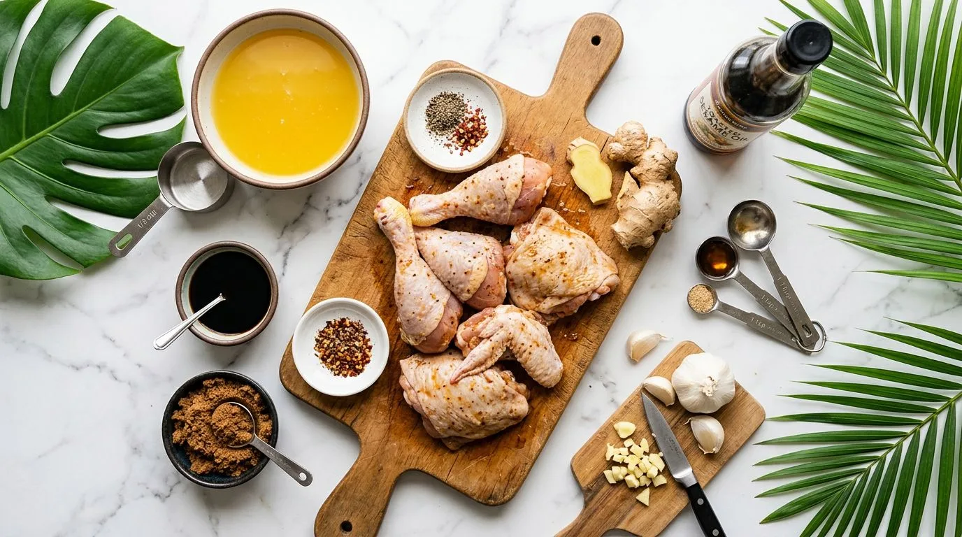 All Grilled Huli Huli Chicken ingredients laid out on white marble surface