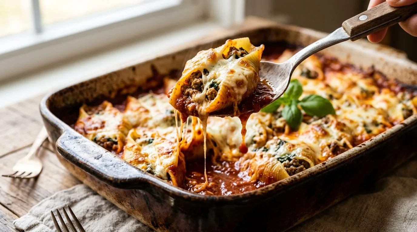 Ground Beef Stuffed Shells  served and ready to eat