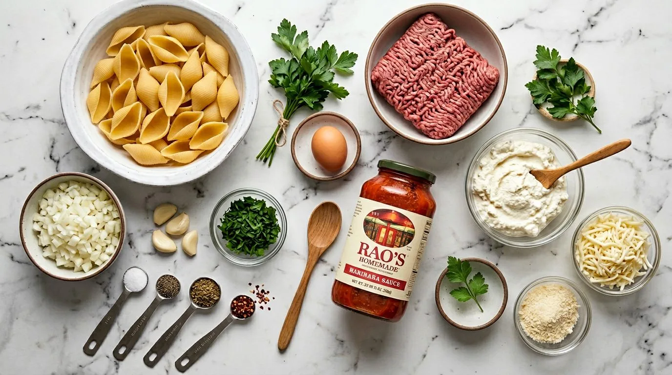 All Ground Beef Stuffed Shells  ingredients laid out on white marble surface