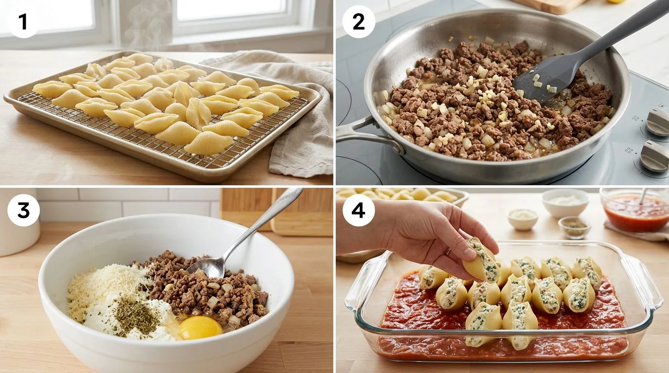 Step by step process of making Ground Beef Stuffed Shells 