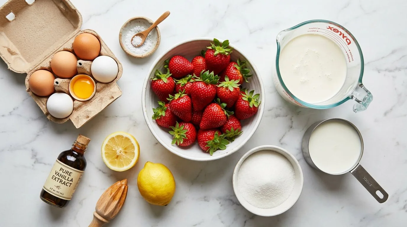All Homemade Strawberry Ice Cream ingredients laid out on white marble surface
